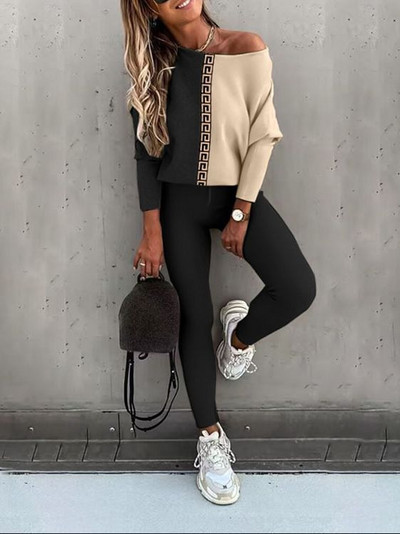 LKF Νέο γυναικείο casual σετ Leopard Print Off Shoulder Μακρυμάνικο T-shirt Top Slim Fit Παντελόνι δύο τεμαχίων