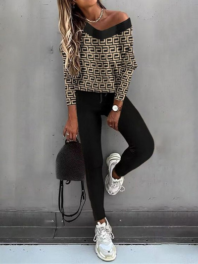 LKF Νέο γυναικείο casual σετ Leopard Print Off Shoulder Μακρυμάνικο T-shirt Top Slim Fit Παντελόνι δύο τεμαχίων