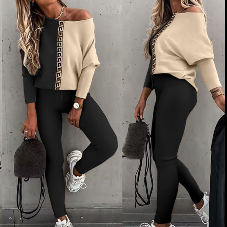 LKF Νέο γυναικείο casual σετ Leopard Print Off Shoulder Μακρυμάνικο T-shirt Top Slim Fit Παντελόνι δύο τεμαχίων