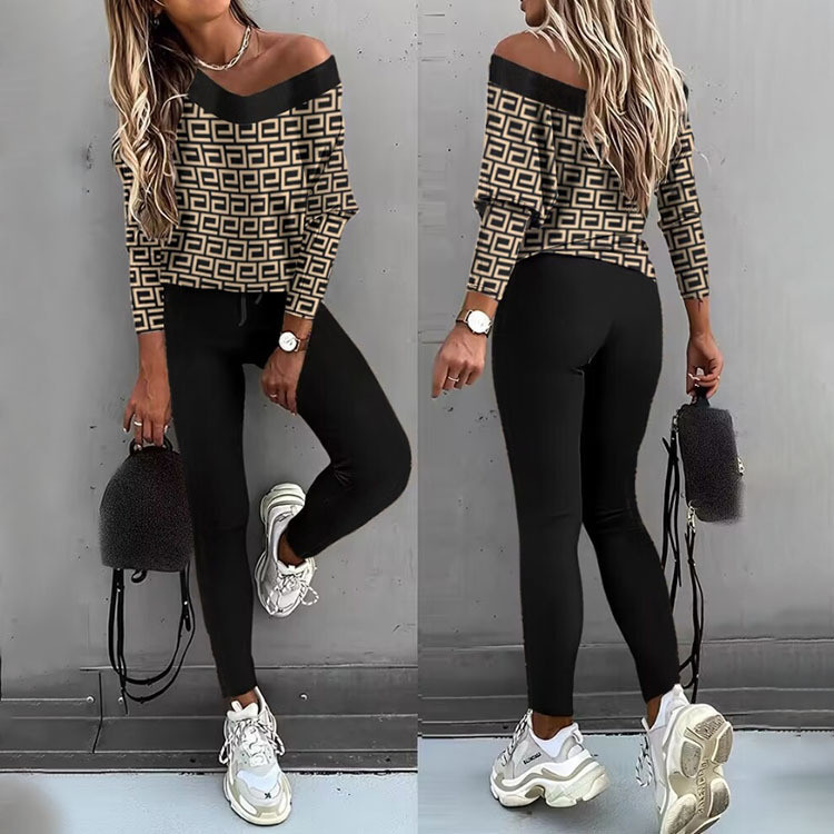 LKF Νέο γυναικείο casual σετ Leopard Print Off Shoulder Μακρυμάνικο T-shirt Top Slim Fit Παντελόνι δύο τεμαχίων