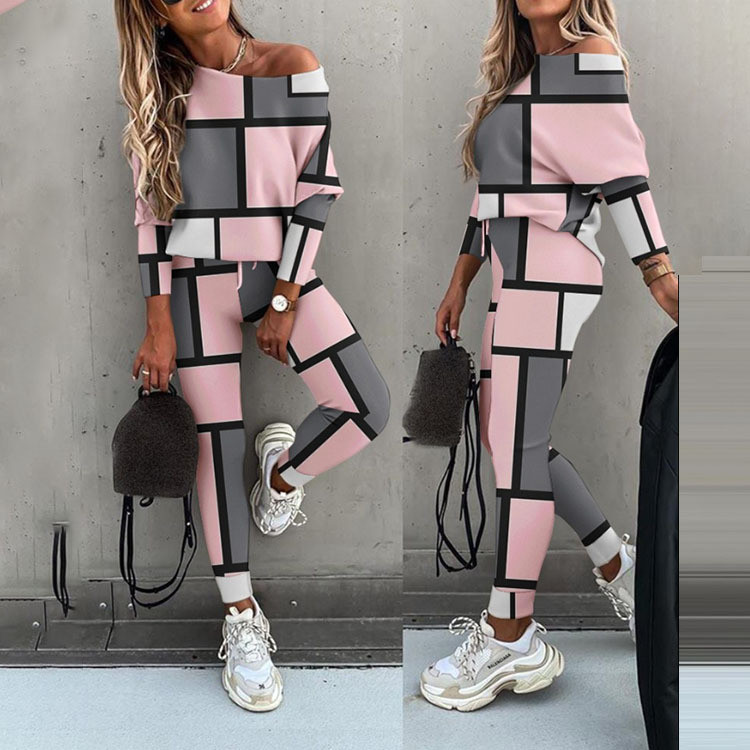 LKF Νέο γυναικείο casual σετ Leopard Print Off Shoulder Μακρυμάνικο T-shirt Top Slim Fit Παντελόνι δύο τεμαχίων