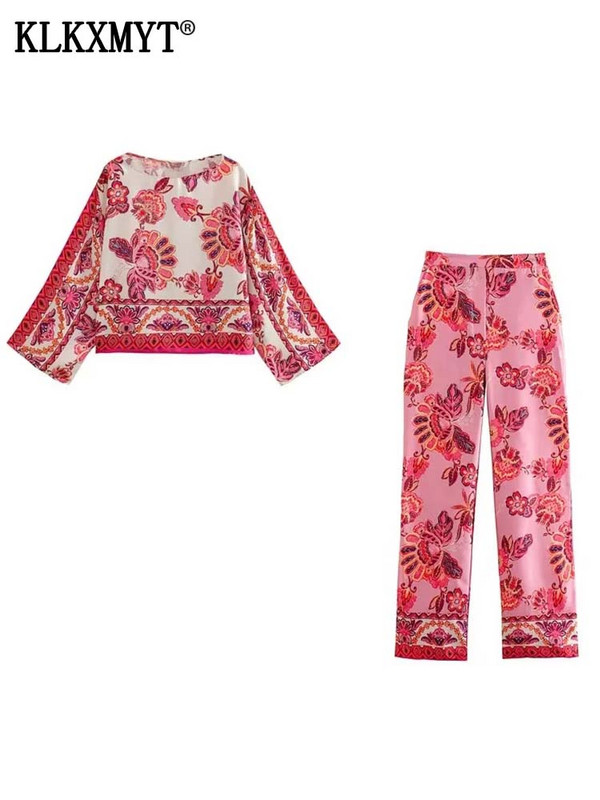 KLKXMYT TRAF Set Pantaloni Două Piese Femei 2023 Nouă Moda Bluze Imprimate Costum Femei Elegant Set 2 Piese Pentru Tinute Femei