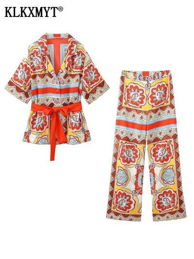 KLKXMYT TRAF Γυναικεία σετ παντελονιών 2 τεμαχίων 2023 Νέα μόδα μπλούζες με ζώνη με στάμπα γυναικεία κοστούμια Παντελόνια δύο τεμαχίων Γυναικεία ρούχα
