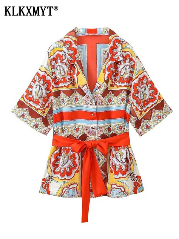 KLKXMYT TRAF Γυναικεία σετ παντελονιών 2 τεμαχίων 2023 Νέα μόδα μπλούζες με ζώνη με στάμπα γυναικεία κοστούμια Παντελόνια δύο τεμαχίων Γυναικεία ρούχα