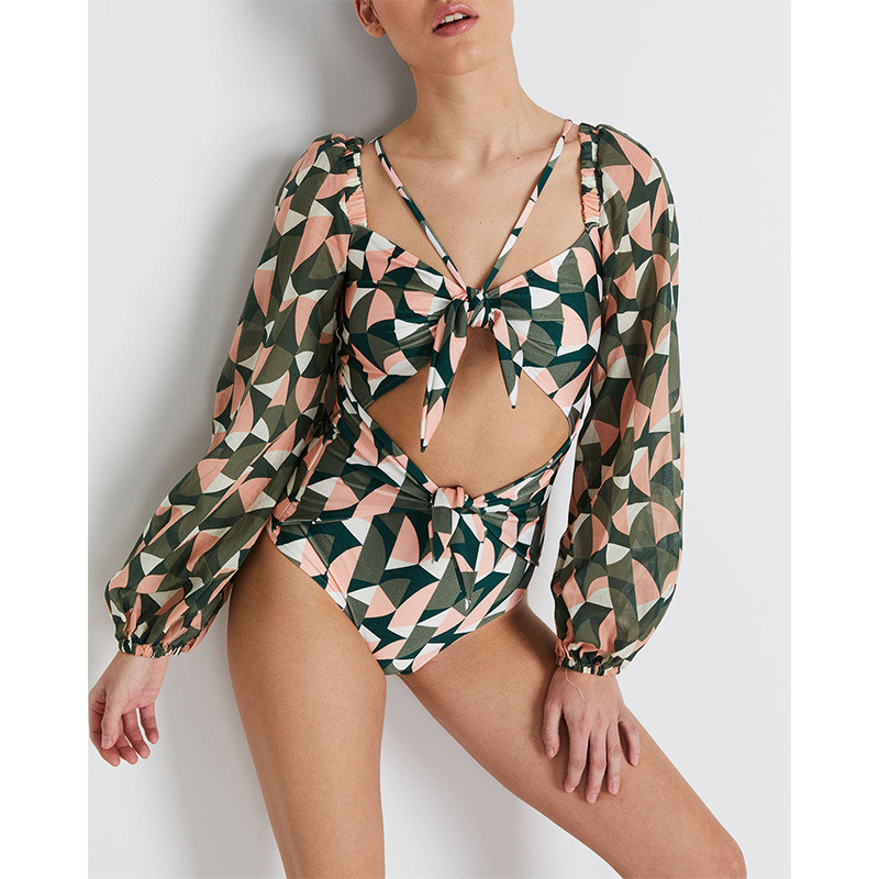 Vintage μπροστινό δέσιμο μονοκόμματο μαγιό 2023 Σέξι ροζ γεωμετρία στάμπα μακρυμάνικο μαγιό με κούφιο εξώπλατο μπικίνι