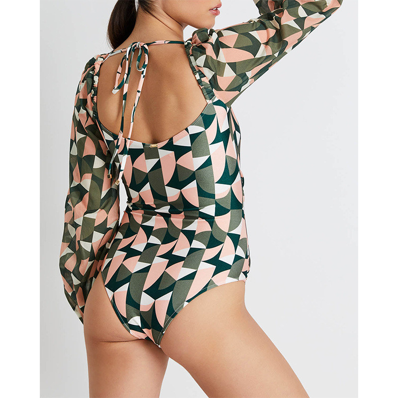 Vintage μπροστινό δέσιμο μονοκόμματο μαγιό 2023 Σέξι ροζ γεωμετρία στάμπα μακρυμάνικο μαγιό με κούφιο εξώπλατο μπικίνι