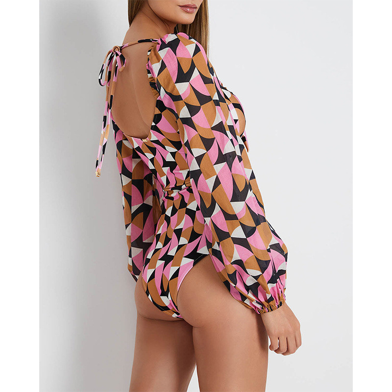 Vintage μπροστινό δέσιμο μονοκόμματο μαγιό 2023 Σέξι ροζ γεωμετρία στάμπα μακρυμάνικο μαγιό με κούφιο εξώπλατο μπικίνι