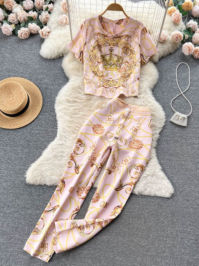 Set de două piese cu imprimeu cu lanțuri de vară, cu mâneci scurte, cu diamante, bluză de cristal + ținute cu pantaloni creion cu talie înaltă