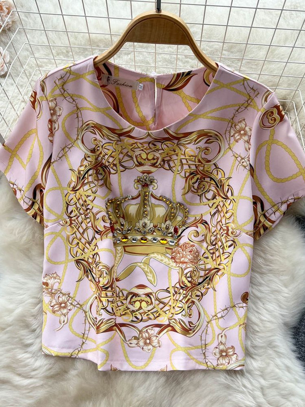 Set de două piese cu imprimeu cu lanțuri de vară, cu mâneci scurte, cu diamante, bluză de cristal + ținute cu pantaloni creion cu talie înaltă