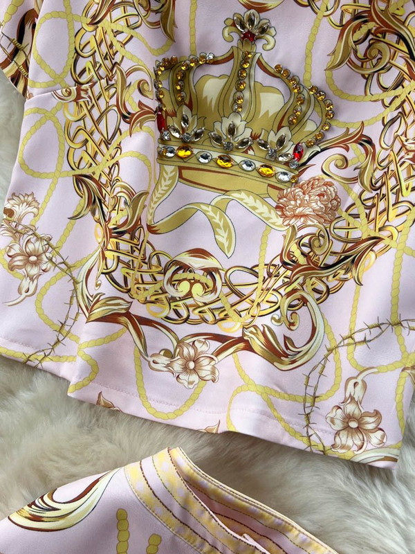 Set de două piese cu imprimeu cu lanțuri de vară, cu mâneci scurte, cu diamante, bluză de cristal + ținute cu pantaloni creion cu talie înaltă