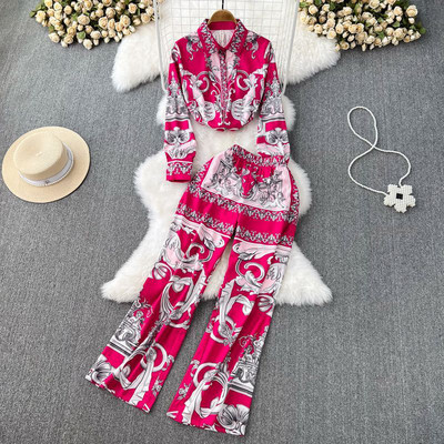 Πολυτελές κοστούμι με στάμπα γιακάς μακρυμάνικο + παντελόνι Fashion μπλούζα Παντελόνι Γυναικείο Σετ Καλοκαιρινό κοστούμι γραφείου Απλή 2 τεμαχίων Σετ παντελόνι