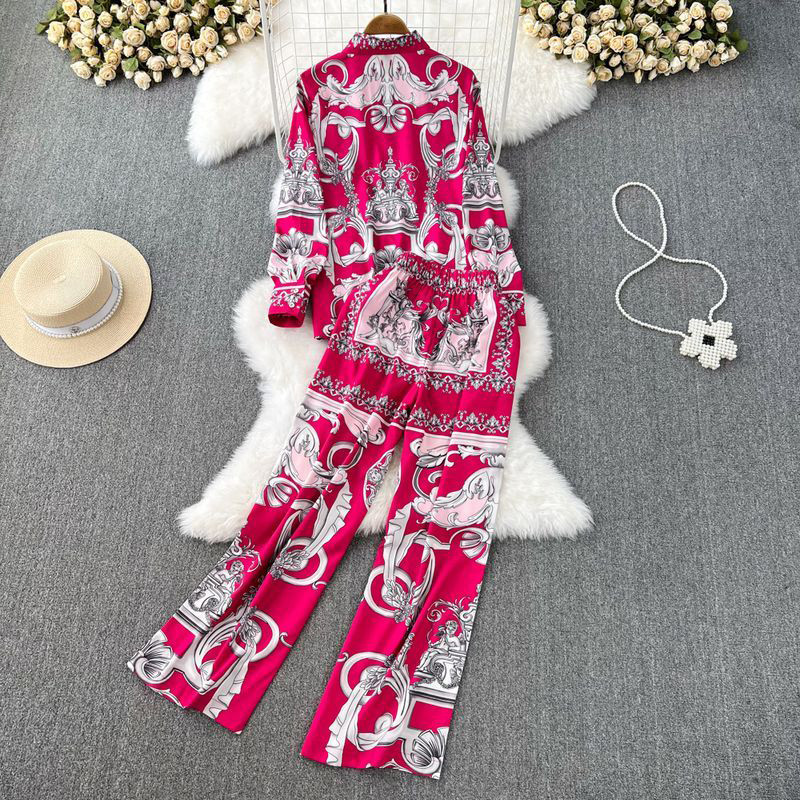 Πολυτελές κοστούμι με στάμπα γιακάς μακρυμάνικο + παντελόνι Fashion μπλούζα Παντελόνι Γυναικείο Σετ Καλοκαιρινό κοστούμι γραφείου Απλή 2 τεμαχίων Σετ παντελόνι