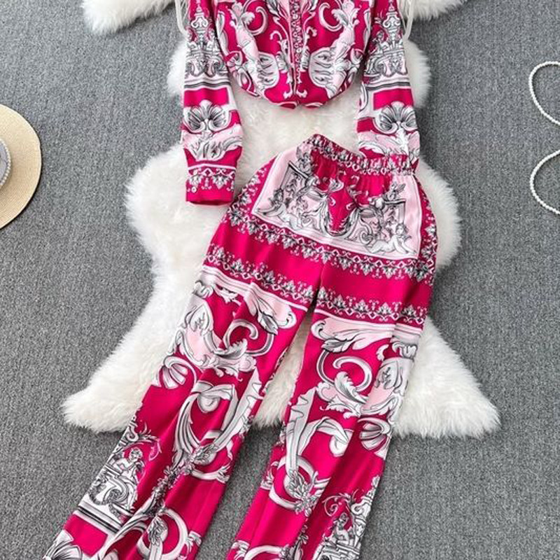 Πολυτελές κοστούμι με στάμπα γιακάς μακρυμάνικο + παντελόνι Fashion μπλούζα Παντελόνι Γυναικείο Σετ Καλοκαιρινό κοστούμι γραφείου Απλή 2 τεμαχίων Σετ παντελόνι