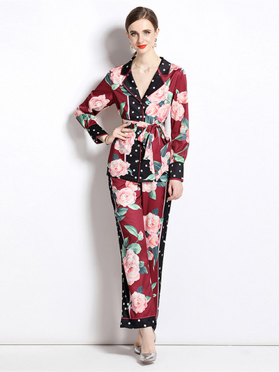 Novo modno dvodijelno odijelo s printom cvjetnih točkica Ženske bluze s urezima Top majica s remenom + komplet hlača širokih nogavica Hlače Odjevne kombinacije za pidžame