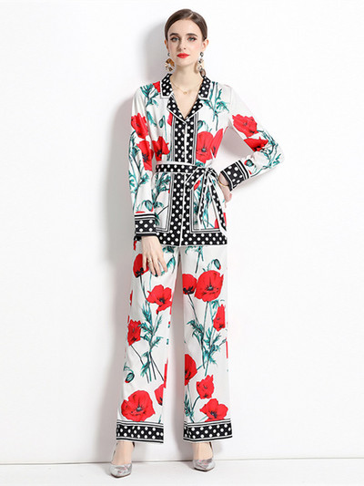 Novo modno dvodijelno odijelo s printom cvjetnih točkica Ženske bluze s urezima Top majica s remenom + komplet hlača širokih nogavica Hlače Odjevne kombinacije za pidžame