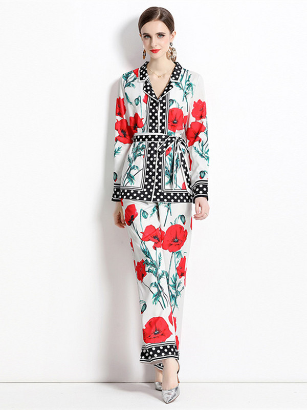 Novo modno dvodijelno odijelo s printom cvjetnih točkica Ženske bluze s urezima Top majica s remenom + komplet hlača širokih nogavica Hlače Odjevne kombinacije za pidžame