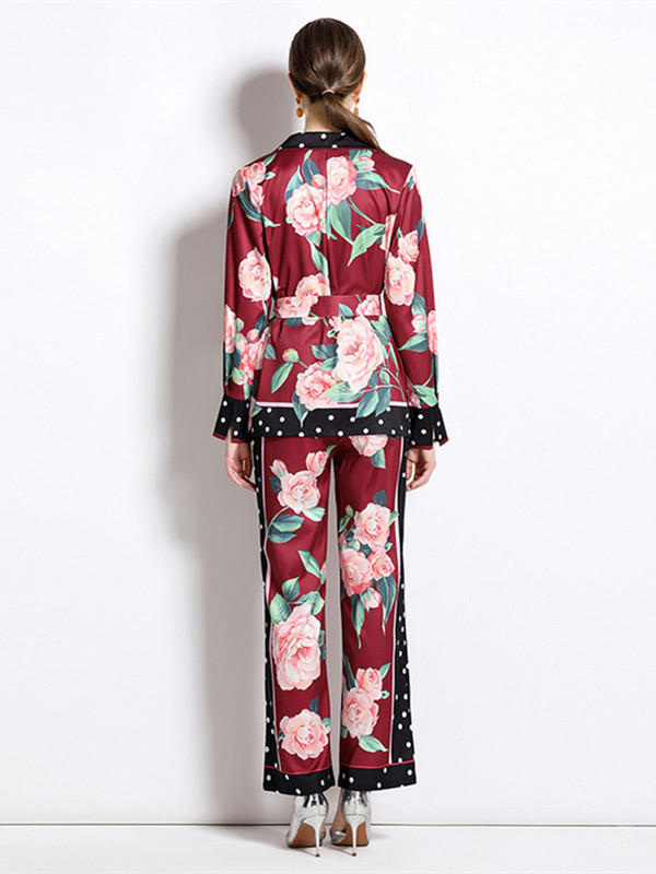 Novo modno dvodijelno odijelo s printom cvjetnih točkica Ženske bluze s urezima Top majica s remenom + komplet hlača širokih nogavica Hlače Odjevne kombinacije za pidžame