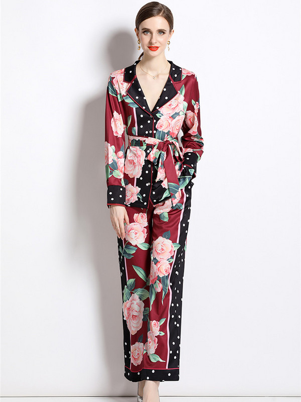 Novo modno dvodijelno odijelo s printom cvjetnih točkica Ženske bluze s urezima Top majica s remenom + komplet hlača širokih nogavica Hlače Odjevne kombinacije za pidžame