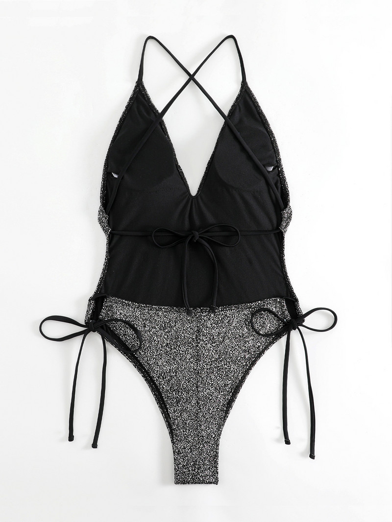 Γυαλιστερό μαύρο γυαλιστερό ολόσωμο γυναικείο μαγιό 2023 Μασίφ πλισέ δέσιμο στο πλάι Επίδεσμος κοιλιάς Ελέγχου μαγιό Καλοκαιρινό εξώπλατο κορδόνι μονόκινι