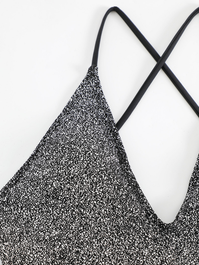 Γυαλιστερό μαύρο γυαλιστερό ολόσωμο γυναικείο μαγιό 2023 Μασίφ πλισέ δέσιμο στο πλάι Επίδεσμος κοιλιάς Ελέγχου μαγιό Καλοκαιρινό εξώπλατο κορδόνι μονόκινι