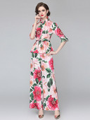 2021 Summer Rose Floral Σετ δύο τεμαχίων Γυναικείες στολές Flare μανίκι ζωσμένο με βολάν + Σετ παντελόνι με λουλούδια με φαρδύ πόδι