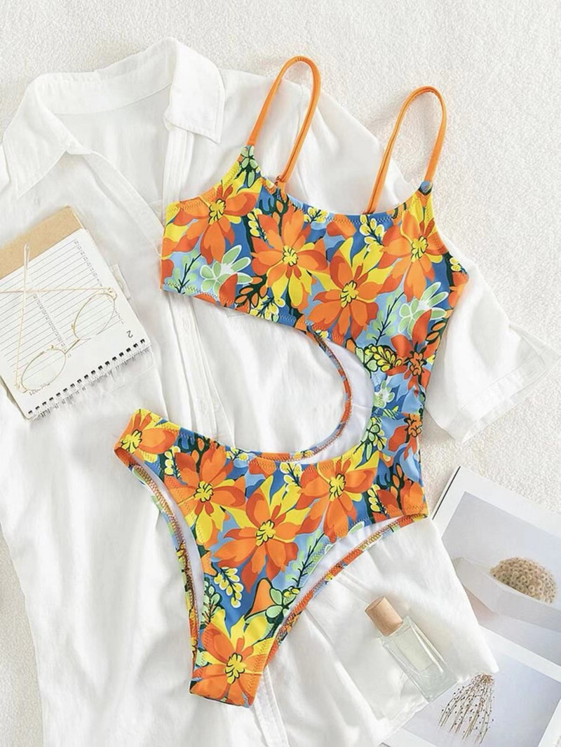Costum de baie sexy cu imprimeu floral portocaliu 2023 pentru femei, monokini cu talie înaltă, costum de baie brazilian fără spate