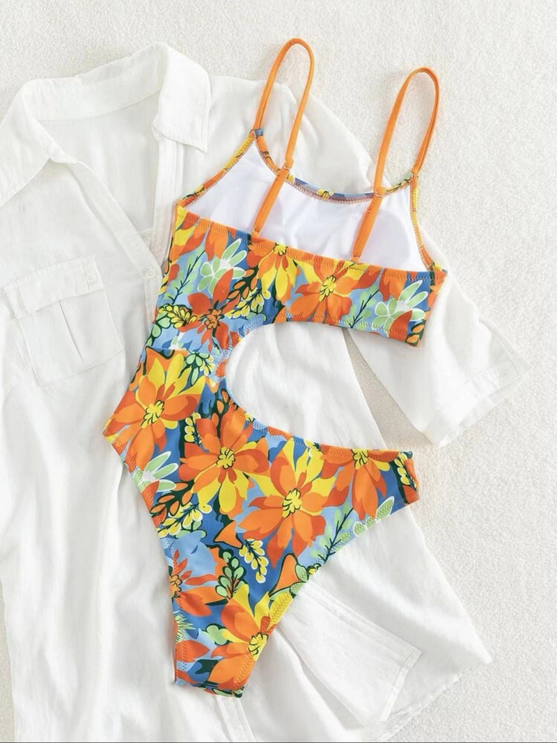 Costum de baie sexy cu imprimeu floral portocaliu 2023 pentru femei, monokini cu talie înaltă, costum de baie brazilian fără spate