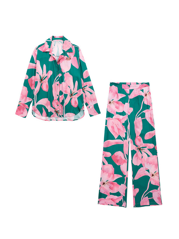 Co Ord Σετ Γυναικεία Ρούχα 2023 Μόδα Vintage floral print Σετ παντελονιού Πουκάμισο και ψηλόμεσο φαρδύ παντελόνι καινούργιο σε ασορτί σετ