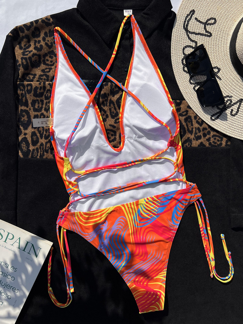 Seksi šareni jednodijelni kupaći kostim 2023. Ženski kupaći kostim s dubokim V izrezom, narančasti Adstract s printom na bočnoj strani s naborima, kupaći kostim bez leđa