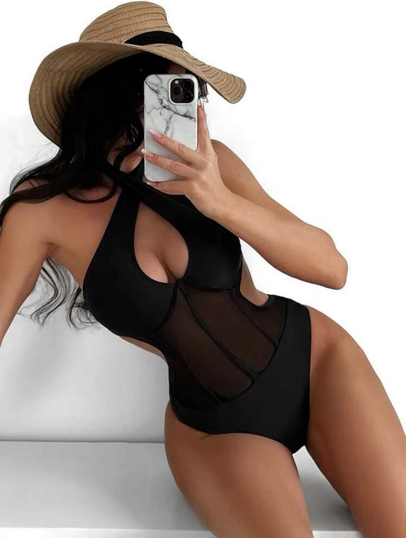 Costum de baie sexy transparent, dintr-o bucată, 2023, pentru femei, cu corp cu sârmă, cu sârmă, pentru controlul burticii, costum de baie, negru, roz cald