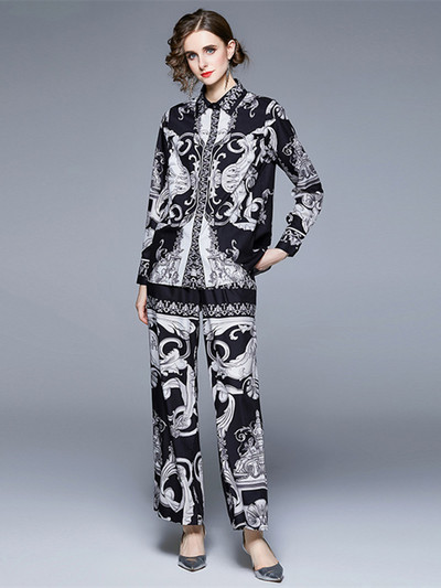 Modno dizajnersko barokno odijelo Ženska vintage bluza dugih rukava s tiskanim blokovima boja Široka košulja + dvodijelni komplet širokih nogavica