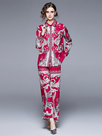 Modno dizajnersko barokno odijelo Ženska vintage bluza dugih rukava s tiskanim blokovima boja Široka košulja + dvodijelni komplet širokih nogavica