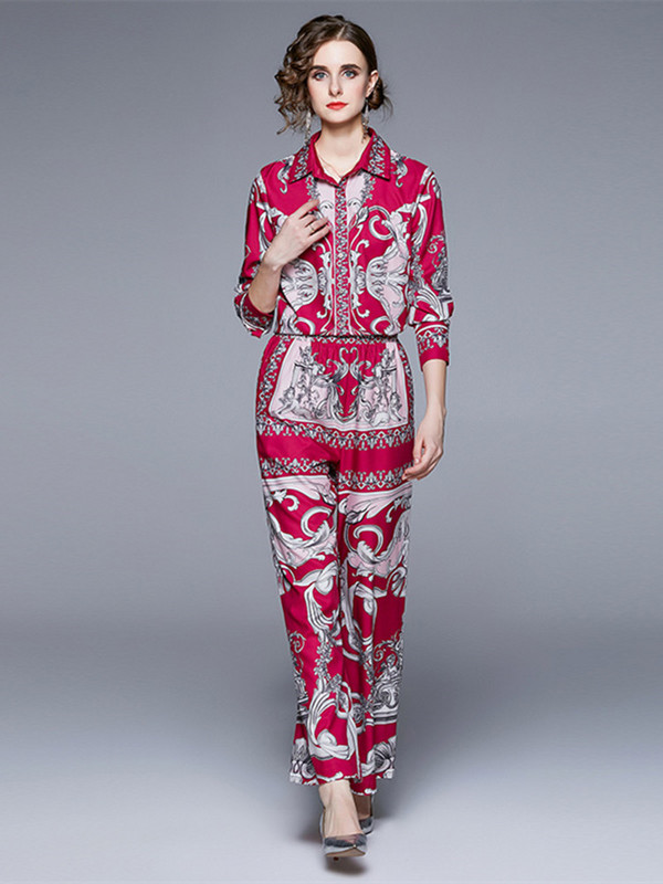 Modno dizajnersko barokno odijelo Ženska vintage bluza dugih rukava s tiskanim blokovima boja Široka košulja + dvodijelni komplet širokih nogavica