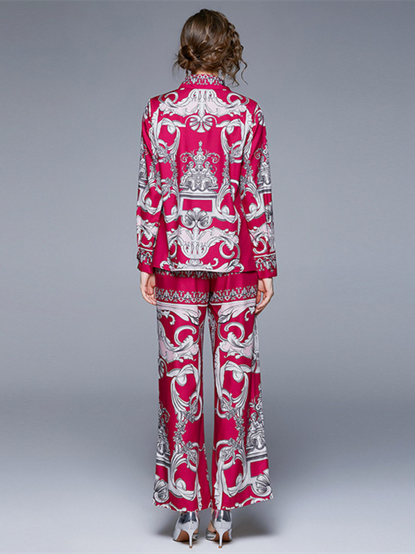 Modno dizajnersko barokno odijelo Ženska vintage bluza dugih rukava s tiskanim blokovima boja Široka košulja + dvodijelni komplet širokih nogavica