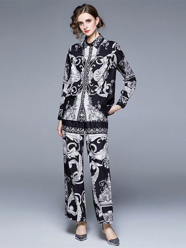 Modno dizajnersko barokno odijelo Ženska vintage bluza dugih rukava s tiskanim blokovima boja Široka košulja + dvodijelni komplet širokih nogavica