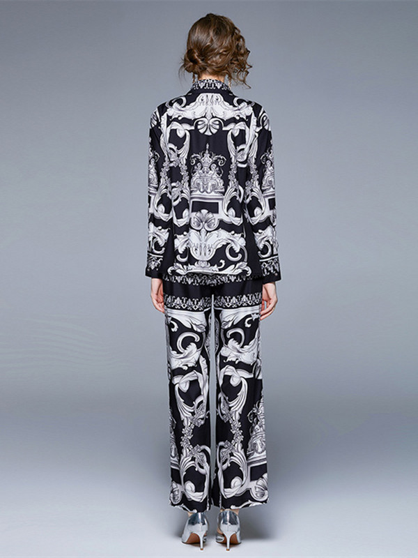 Modno dizajnersko barokno odijelo Ženska vintage bluza dugih rukava s tiskanim blokovima boja Široka košulja + dvodijelni komplet širokih nogavica