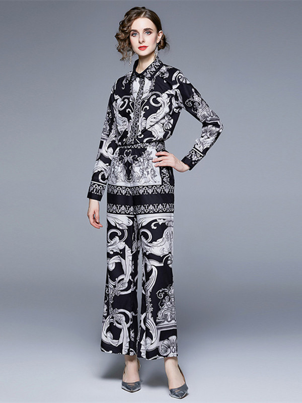 Modno dizajnersko barokno odijelo Ženska vintage bluza dugih rukava s tiskanim blokovima boja Široka košulja + dvodijelni komplet širokih nogavica