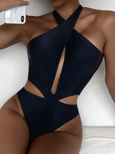 Costum de baie Bikini Femei Negru Solid Costum de baie dintr-o bucată 2023 Halter Cross Push Up Hollow Out Fără spate Costum de baie pentru controlul burticii