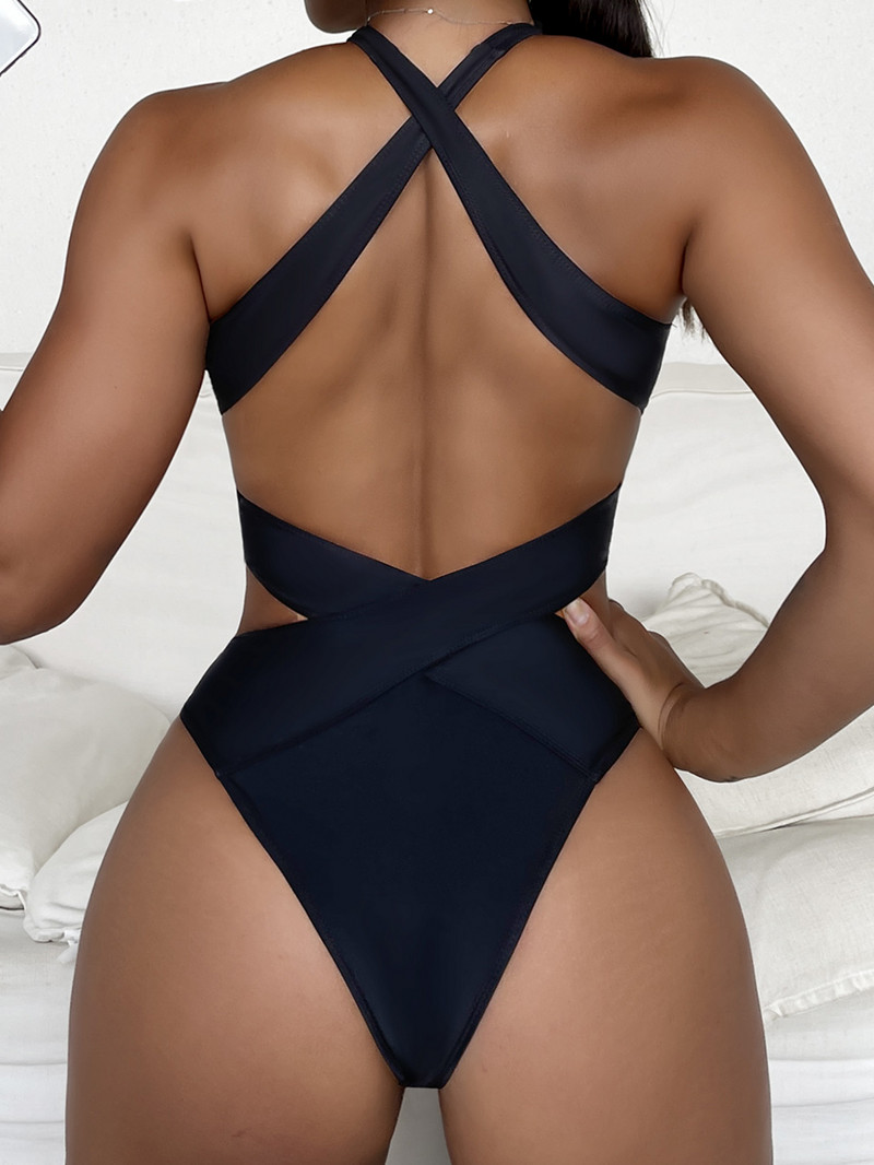 Μαγιό μπικίνι Γυναικείο μαγιό μονόχρωμο μαγιό 2023 Halter Cross Push Up Hollow Out Backless Tummy Control μαγιό