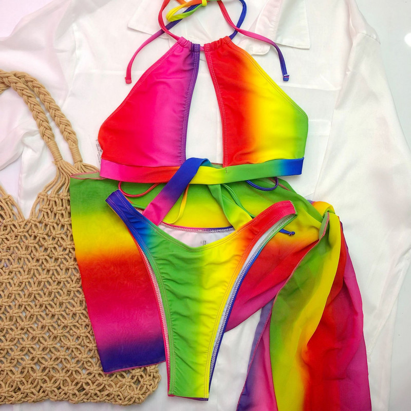 Set bikini triunghi sexy 2023 Rianbow Gradient scobit Push Up Costum de baie dintr-o bucată Costum de baie de plajă Fusta Costume de baie Trikini