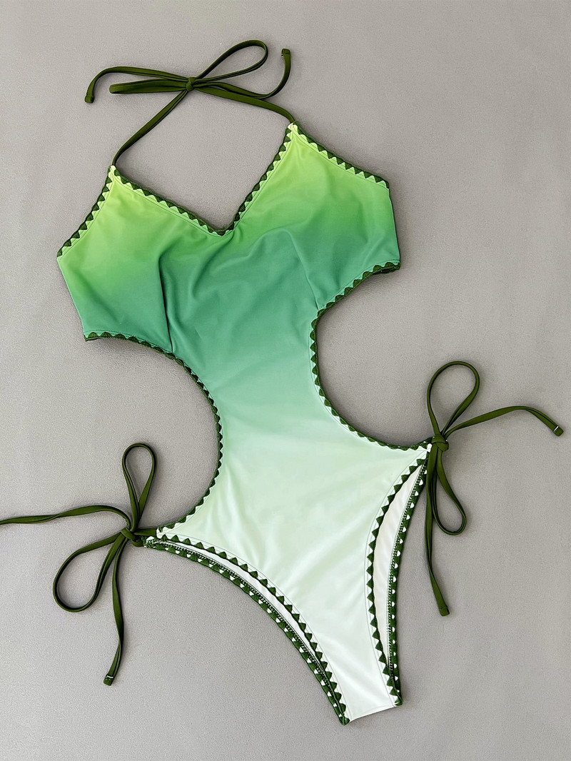 Costum de baie sexy cu gradient verde 2023 Nou în decupat Push Up, fără spate, cu dantelă, costum de baie de vară, cu scobitură, tanga, monokini