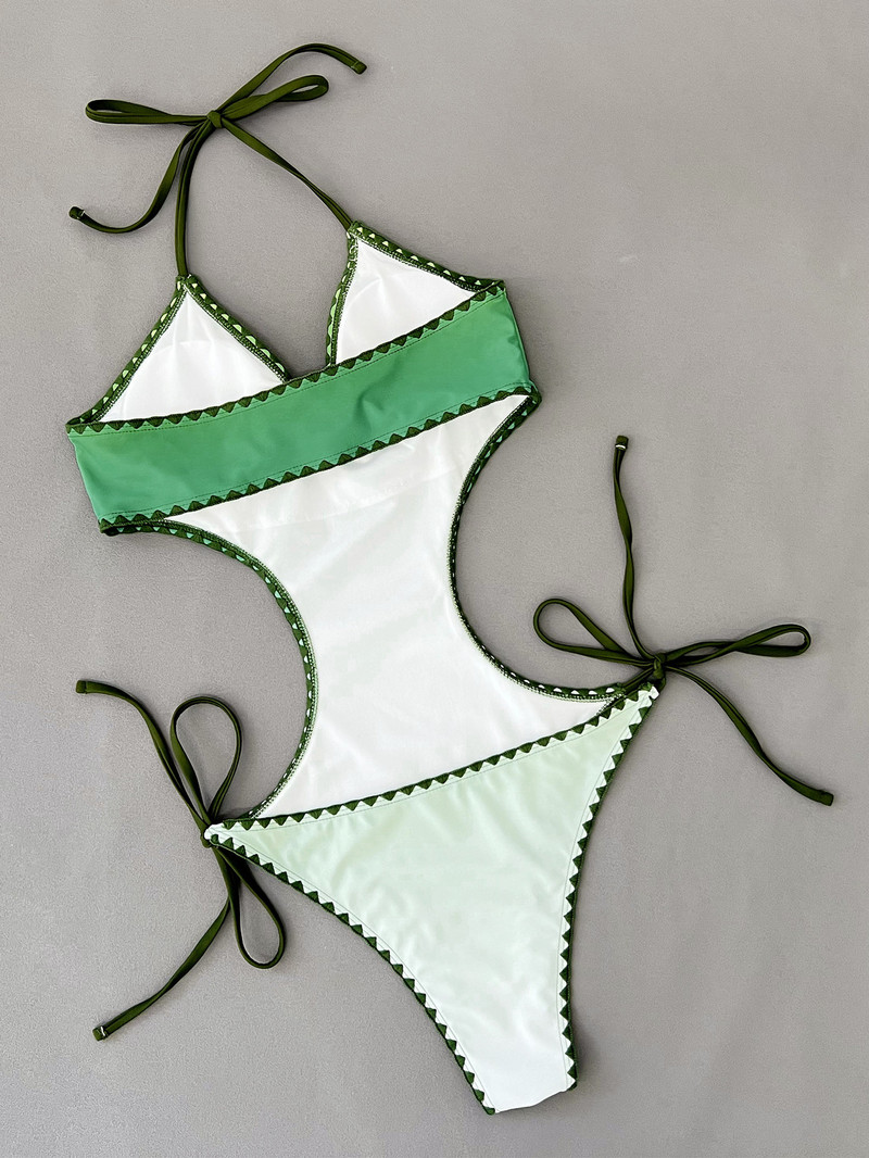 Costum de baie sexy cu gradient verde 2023 Nou în decupat Push Up, fără spate, cu dantelă, costum de baie de vară, cu scobitură, tanga, monokini