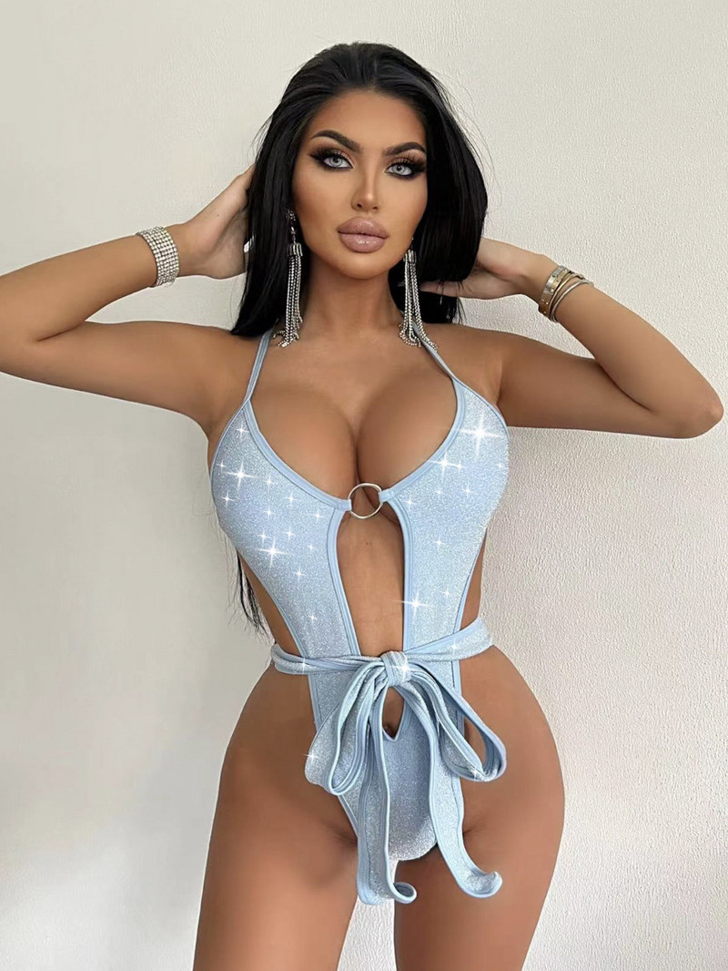 Γυαλιστερό μονόχρωμο μπλε ολόσωμο μαγιό 2023 Γυναικεία κομμένη μπροστινή γραβάτα Λεπτό μαγιό Καλοκαιρινό μαγιό Thong Micro Bikini Monokini