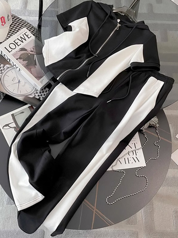 Costum sport casual pentru femei Moda de vară 2023, cu fermoar, subțire, cu glugă, cu mânecă scurtă, topuri, pantaloni, set de două piese, trening pentru femei