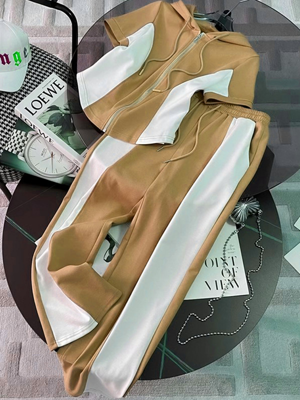 Costum sport casual pentru femei Moda de vară 2023, cu fermoar, subțire, cu glugă, cu mânecă scurtă, topuri, pantaloni, set de două piese, trening pentru femei