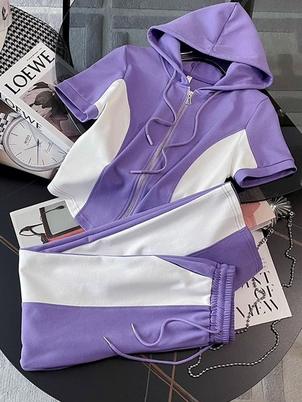 Costum sport casual pentru femei Moda de vară 2023, cu fermoar, subțire, cu glugă, cu mânecă scurtă, topuri, pantaloni, set de două piese, trening pentru femei