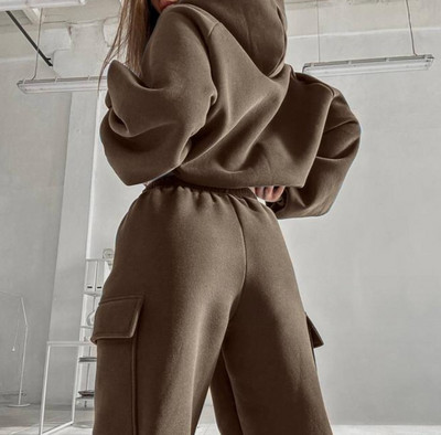 Set două piese ținute femei 2023 modă toamnă design buzunare libere uni mânecă lungă hanorac cu glugă și pantaloni sport casual