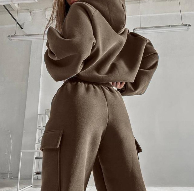 Set două piese ținute femei 2023 modă toamnă design buzunare libere uni mânecă lungă hanorac cu glugă și pantaloni sport casual