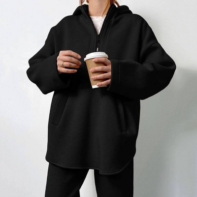 Σετ δύο τεμαχίων Γυναικεία στολή φθινοπώρου μόδας 2023 Φαρδύ φερμουάρ με μακρυμάνικο μπλουζάκι με κουκούλα & καθημερινό σετ ψηλόμεσο παντελόνι