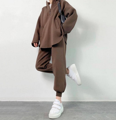 Σετ δύο τεμαχίων Γυναικεία στολή φθινοπώρου μόδας 2023 Φαρδύ φερμουάρ με μακρυμάνικο μπλουζάκι με κουκούλα & καθημερινό σετ ψηλόμεσο παντελόνι